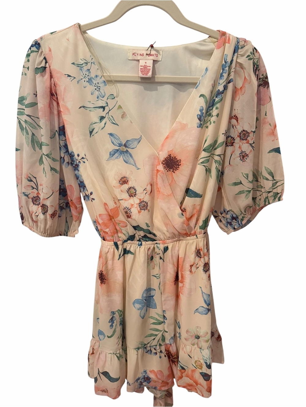 Flying Tomato Floral Romper Surplice Tie Waist Puff Sleeve Small NWT